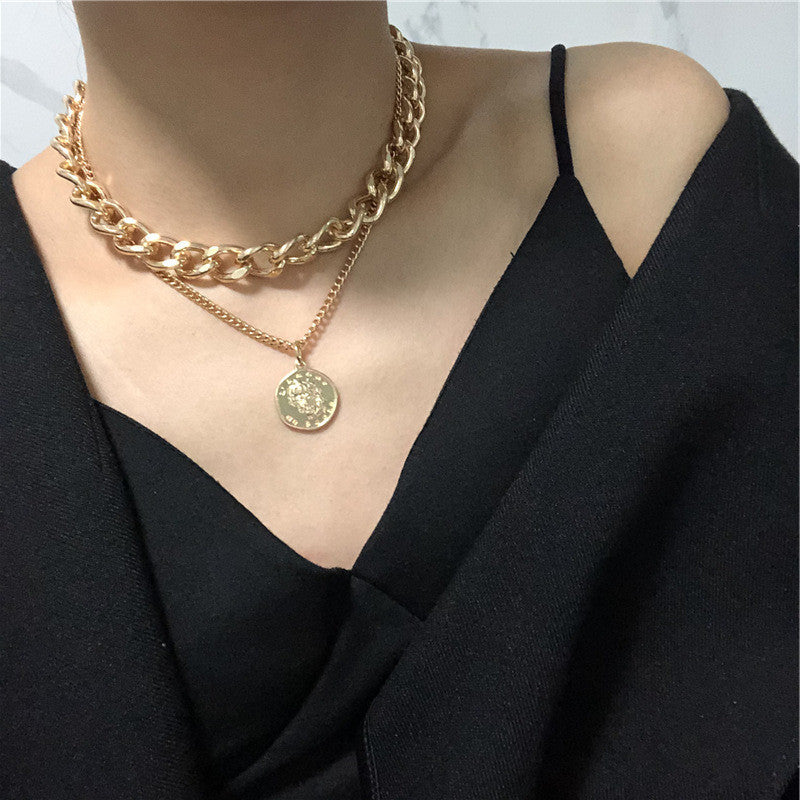 Wholesale retro portrait exaggerated thick chain necklace double layer necklace
