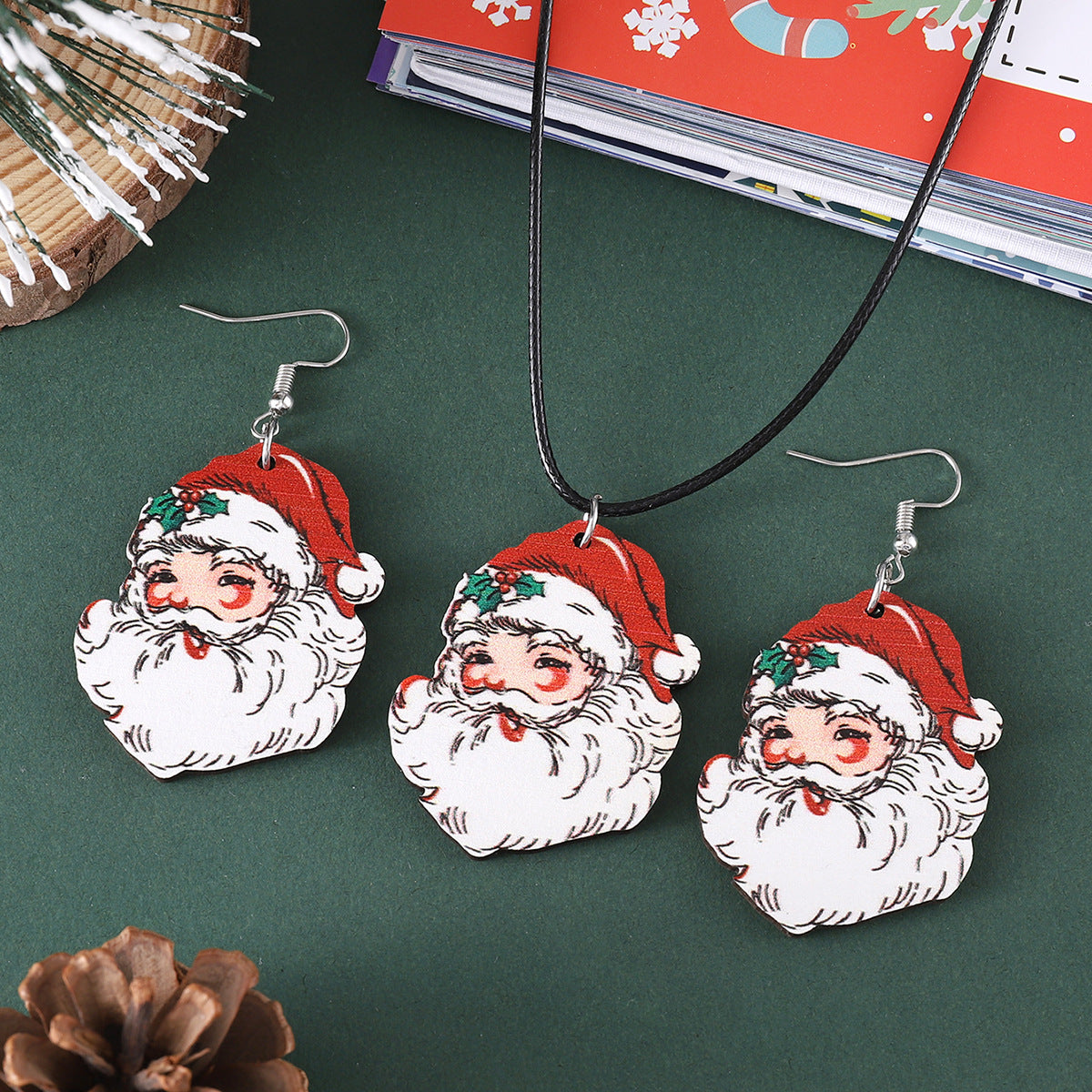 Wholesale Christmas cute bearded  necklace earring set wooden double-sided