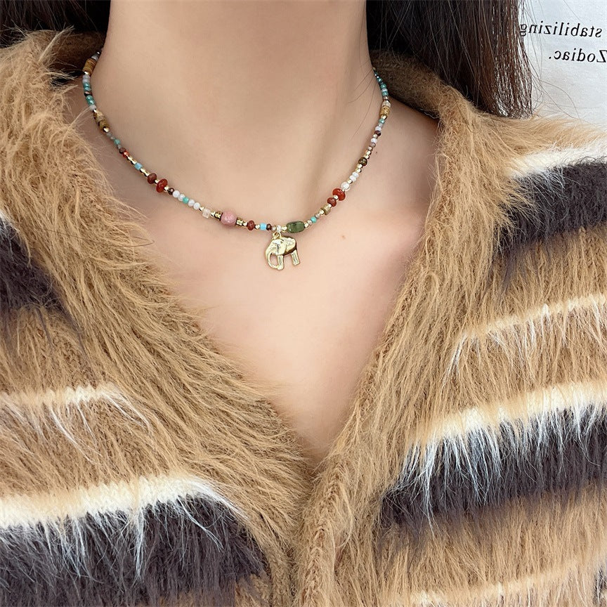 Wholesale Natural Stone Beaded Elephant Pendant Necklace
