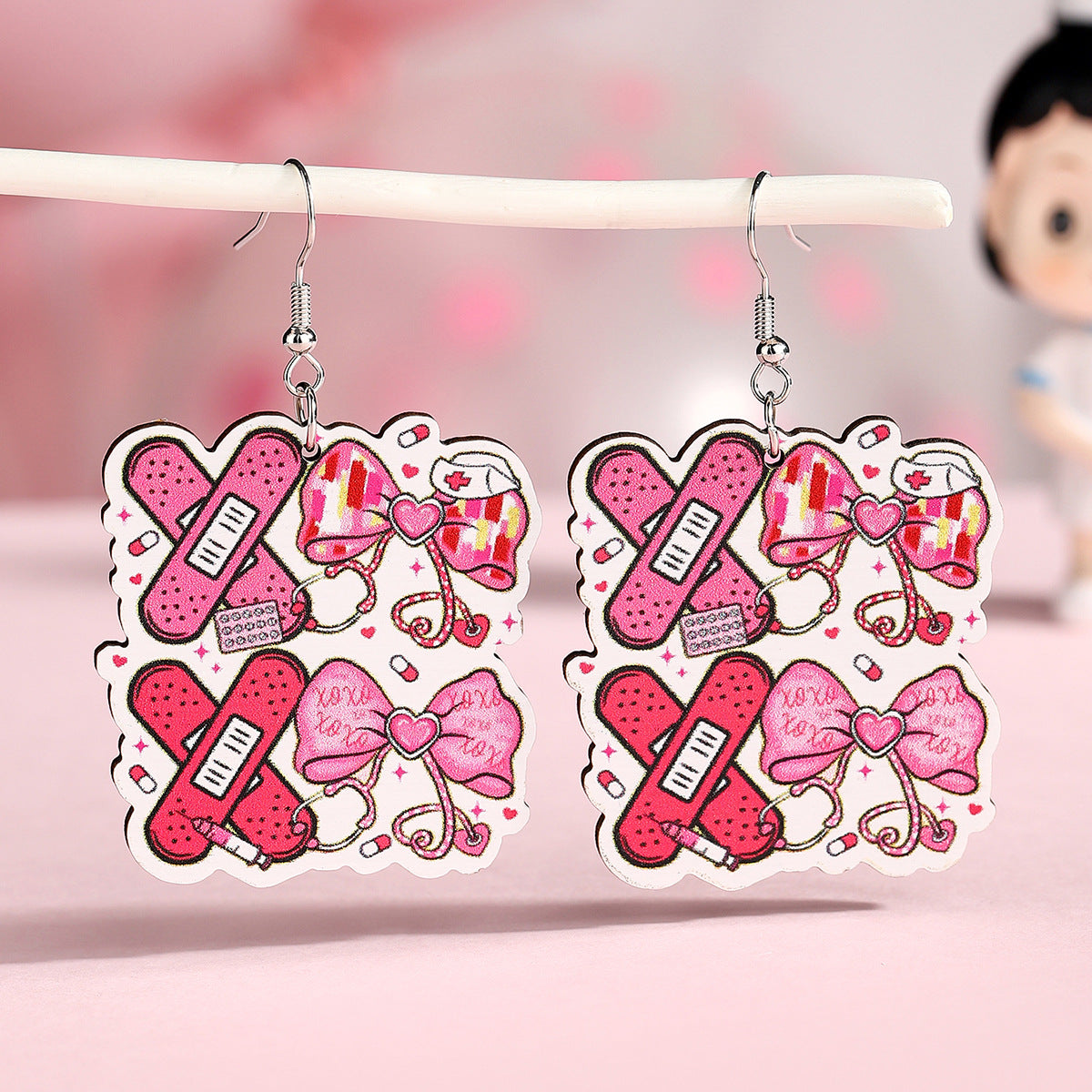 Wholesale Nurse Festival Love Wooden Earrings Cute Cartoon Cat Nurse Earrings