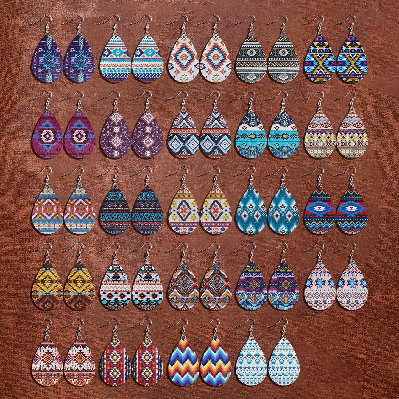 Wholesale Western Style Ethnic Totem Pattern Striped Leather Drop Shape  Earrings