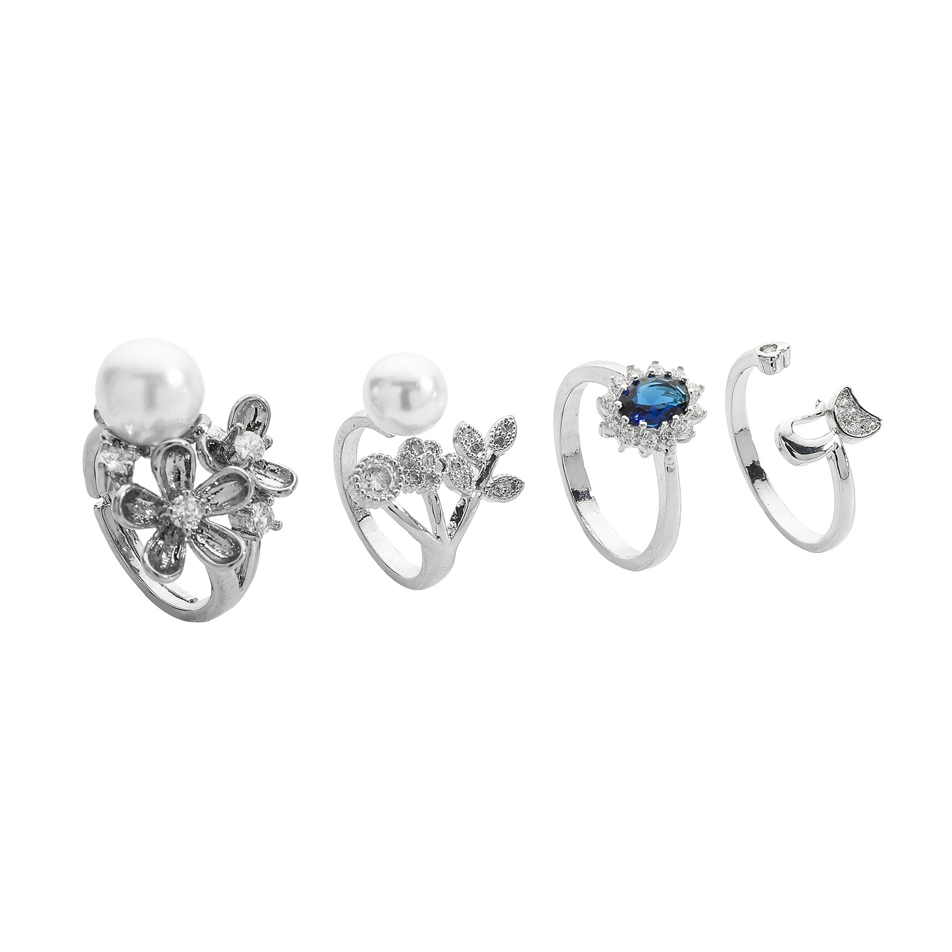 Wholesale Pearl Flower Branch Fox nut Round Zircon Open Adjustable Rings Set