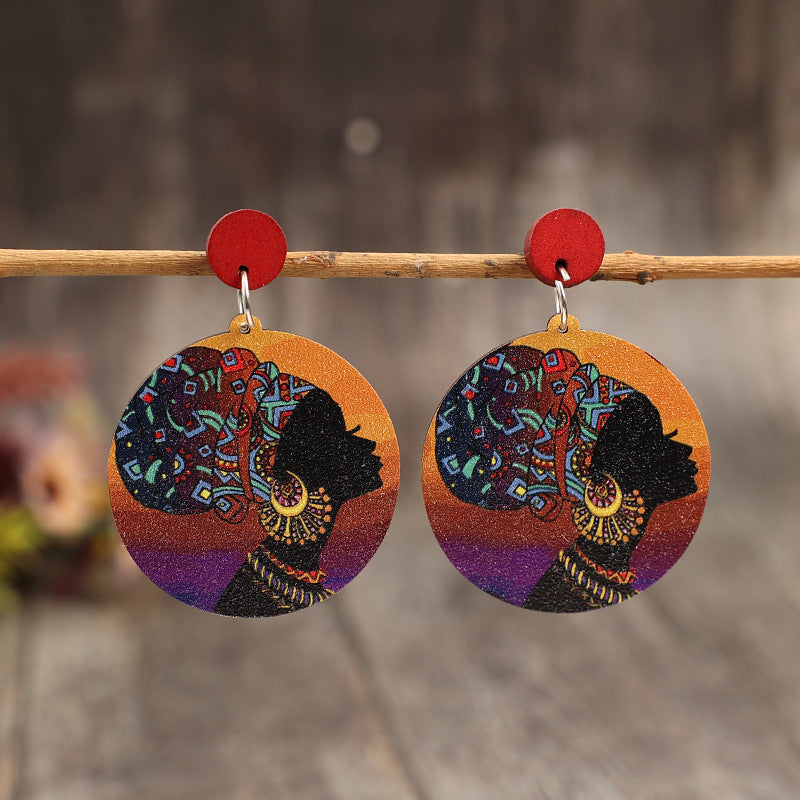 Wholesale Bohemian Retro African Portrait Wooden Earrings