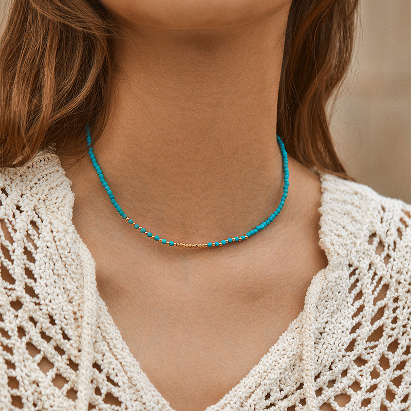 Wholesale Handmade Turquoise Beaded Necklace 18K Gold Plated Clavicle Chain Boutique Resale