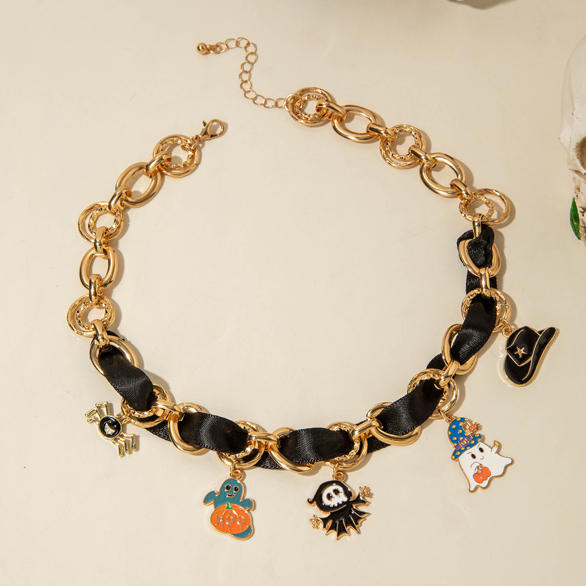 Wholesale Leather patchwork oil drip ghost  clavicle necklace