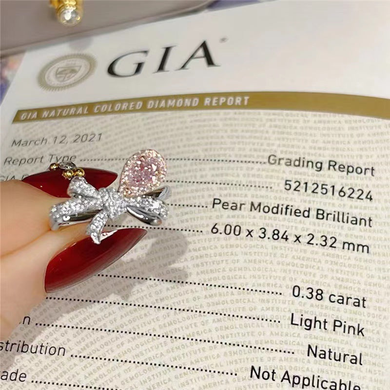 Wholesale Light Luxury Pink Micro-inlaid  Full Diamond Zircon Bow Water Drops Rings