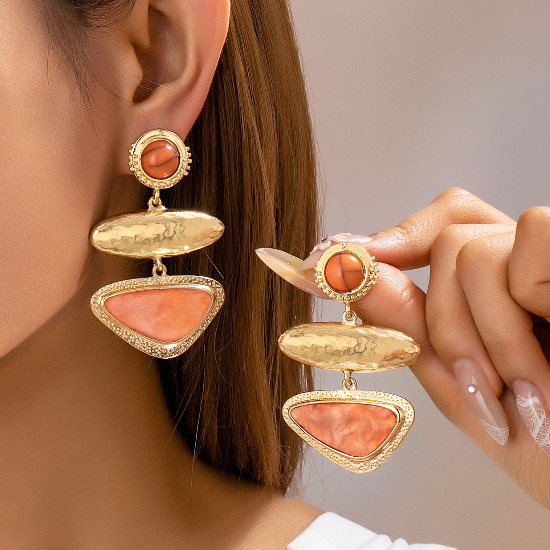 Wholesale Retro Geometric Orange Drop Earrings Gold Hammered Zinc Alloy Triple Layer Stylish Women S Jewelry Accessory
