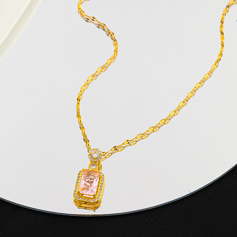 Wholesale Ice Stone Pink Diamond Light Luxury Copper Gold-plated Titanium Steel Necklace Luxury Necklaces ACC-NE-XuHao004