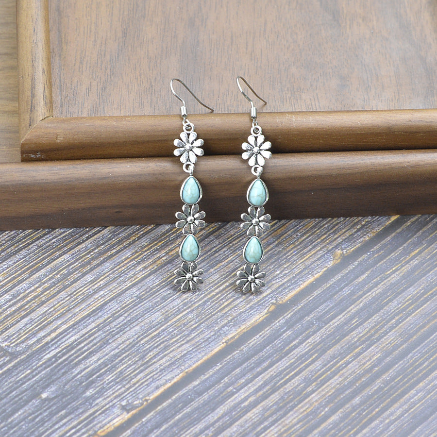 Wholesale Vintage Long Tassel Flower Earrings For Women Antique Silver With Turquoise Inlay Fashion Jewelry Accessory