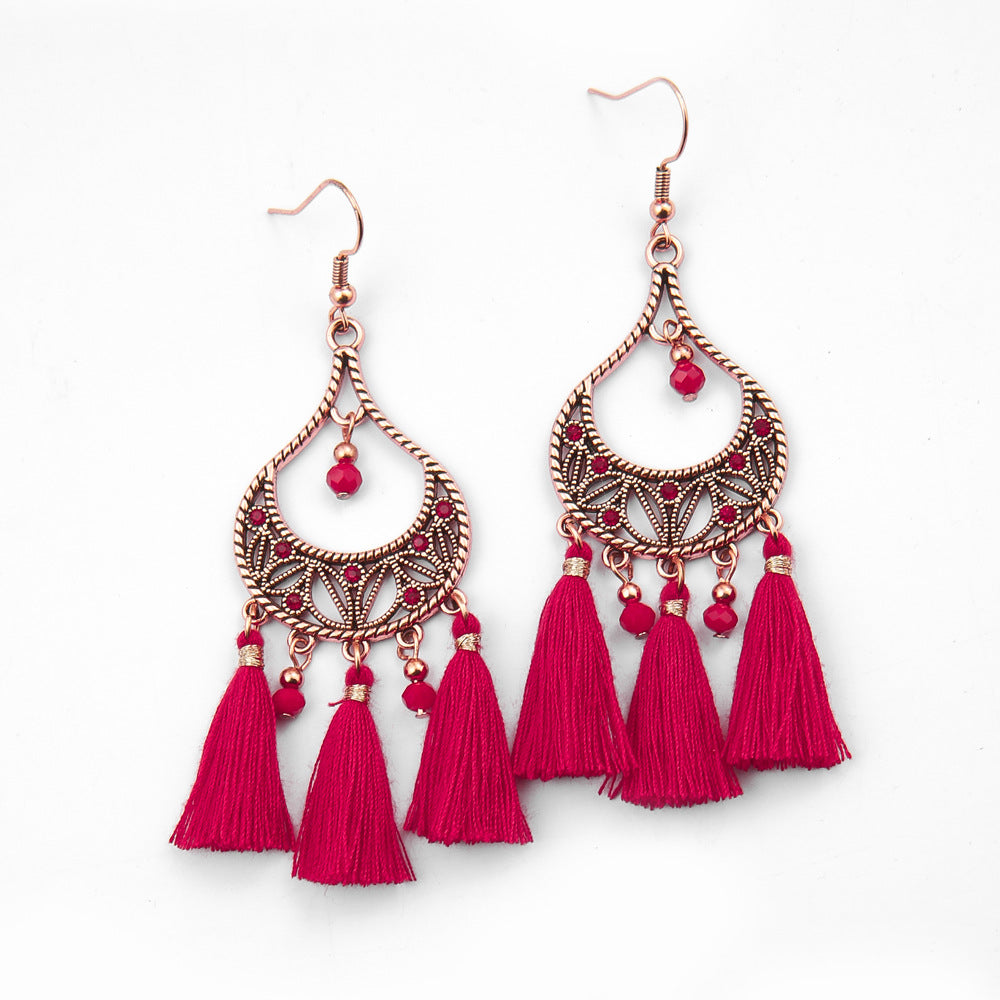 Wholesale Chinese Style Red Tassel Earrings Retro Medieval Festive Jewelry Accessory
