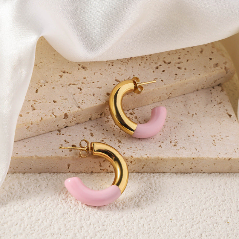 Wholesale Titanium steel earrings  drop oil color enamel  opening C- shaped buckle retro earrings