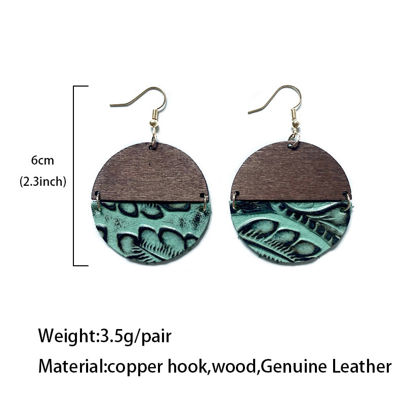 Wholesale Western earrings Wood  genuine leather embossed  earrings