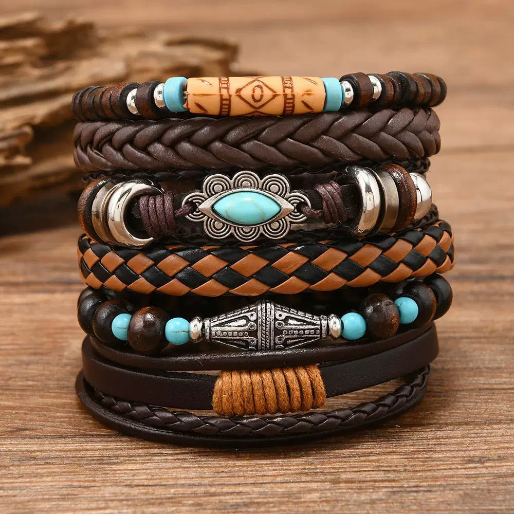 Wholesale Retro Handmade Leather Bracelet Set - 6 Piece Bohemian Fashion Accessory for Everyday Wear