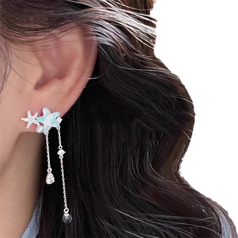 Wholesale Blue Summer Ocean Starfish Long Tassel Earrings