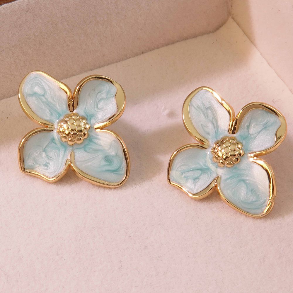 Wholesale  Retro Palace Flower Glaze Four-petal Flower Stainless Steel Earrings