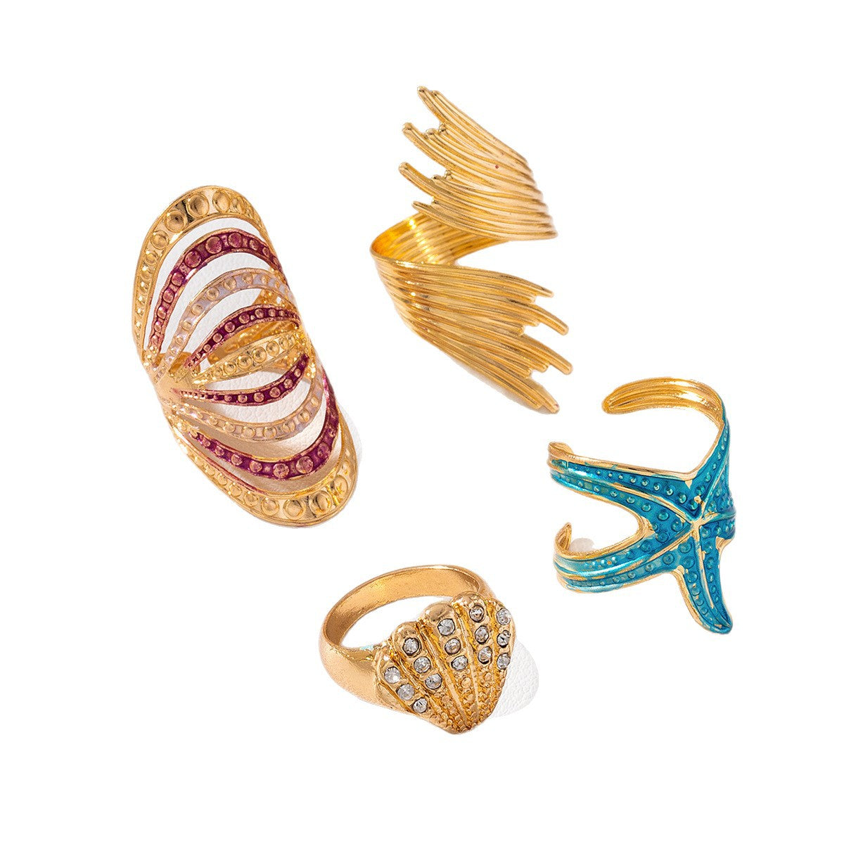 Wholesale Iron Alloy Bohemian Beach Style Blue Starfish Pink Gradient Shell Wing Stacking Ring Set Open Adjustable For Women Travel