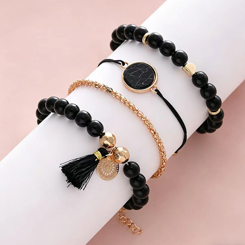 Wholesale Women' s Turquoise Beaded Bracelet Set 4 Pieces Creative Tassel Round Stone Bracelet Gift