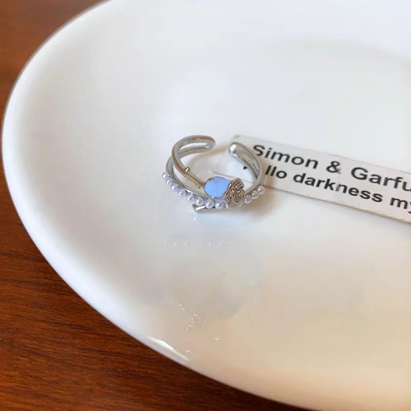 Wholesale Blue Rose Drop Glaze Pearl Ring