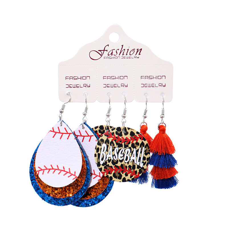 Wholesale 2 Sets Christmas Independence Day Football Rugby Softball Multi-layer Tassel Cheerleading PU Leather Earrings Set ACC-ES-HY128