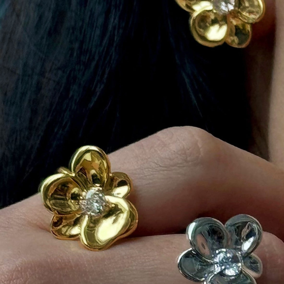 Wholesale 18K gold zircon flower ring open ring camellia earrings