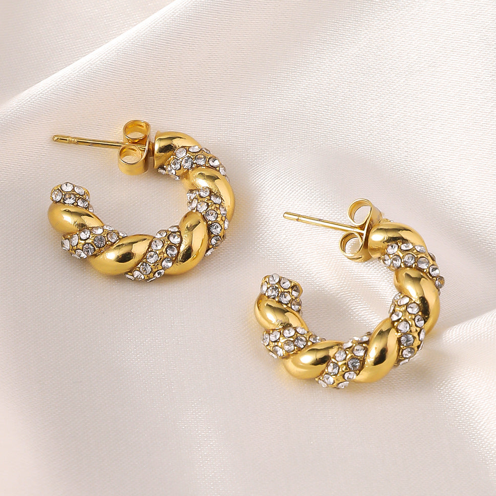Wholesale Titanium Steel earrings 18K gold diamond twist C- shaped  earrings