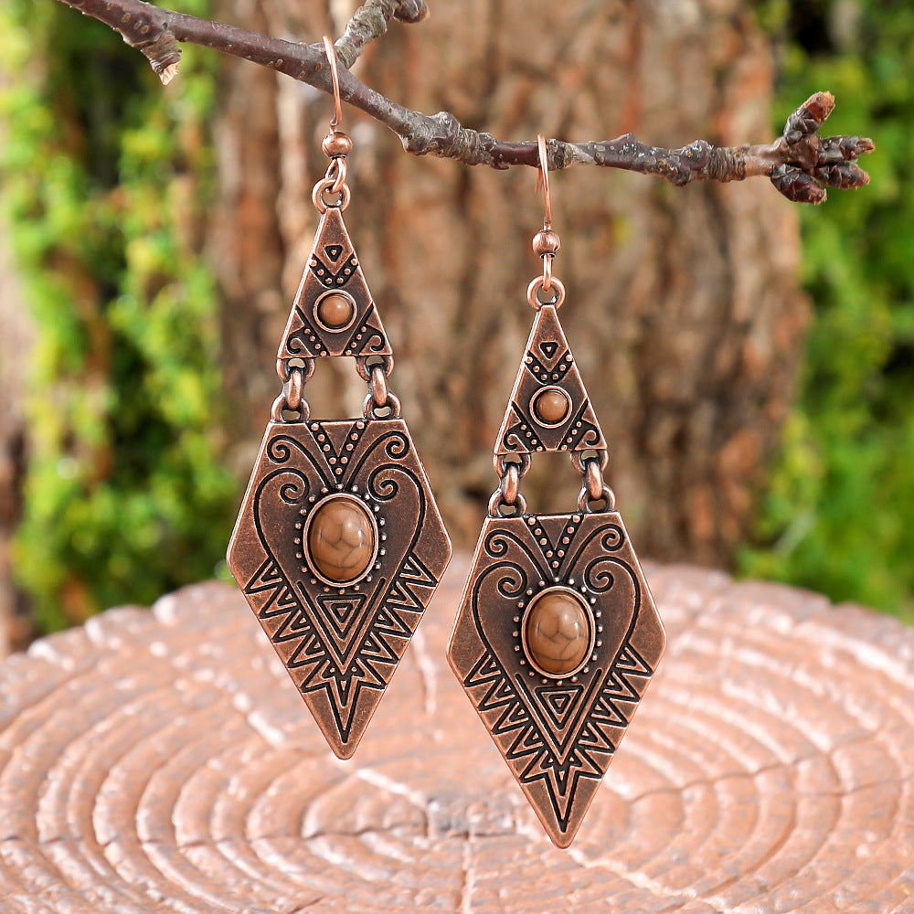 Wholesale Bohemian Turquoise Geometric Metal Texture Earrings Fashion Accessory for Party Boutique Resale
