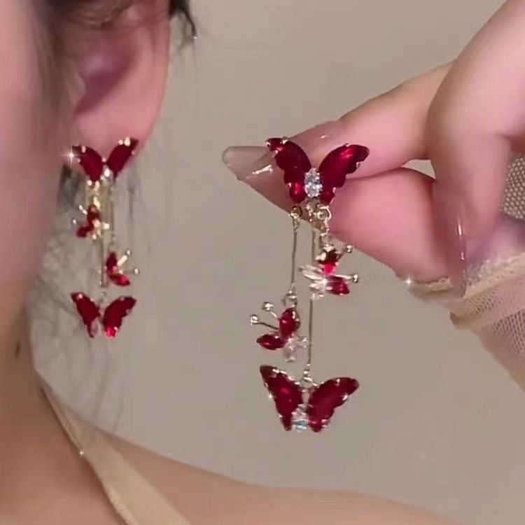 Wholesale red butterfly earrings  long tassel earrings