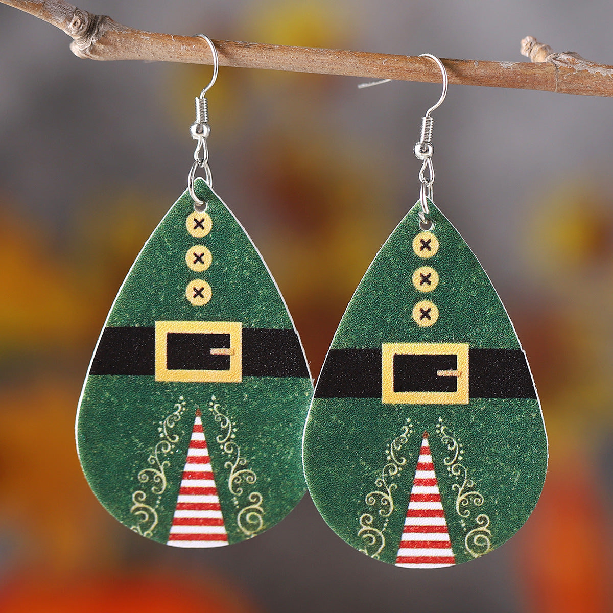 Wholesale Christmas Santa Claus Belt Green Water Drop Pendant Earrings ACC-ES-ChuLian134