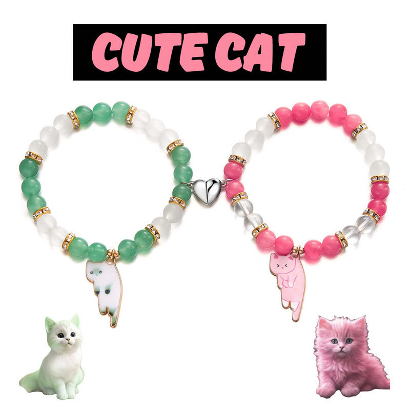Wholesale Creative Two-pair Loving Magnetic Buckle Lazy Cat Pendant Beaded