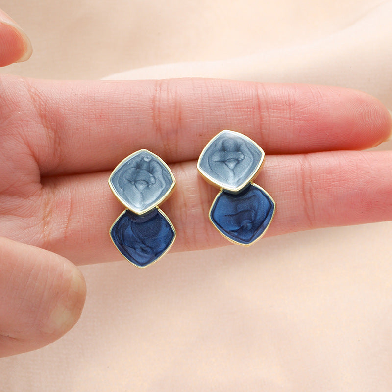 Wholesale Haze Blue Retro Earrings Women' s S925 Silver Needle Geometric Oil Dropping Elegant Earrings Simple High-end Ear Jewelry