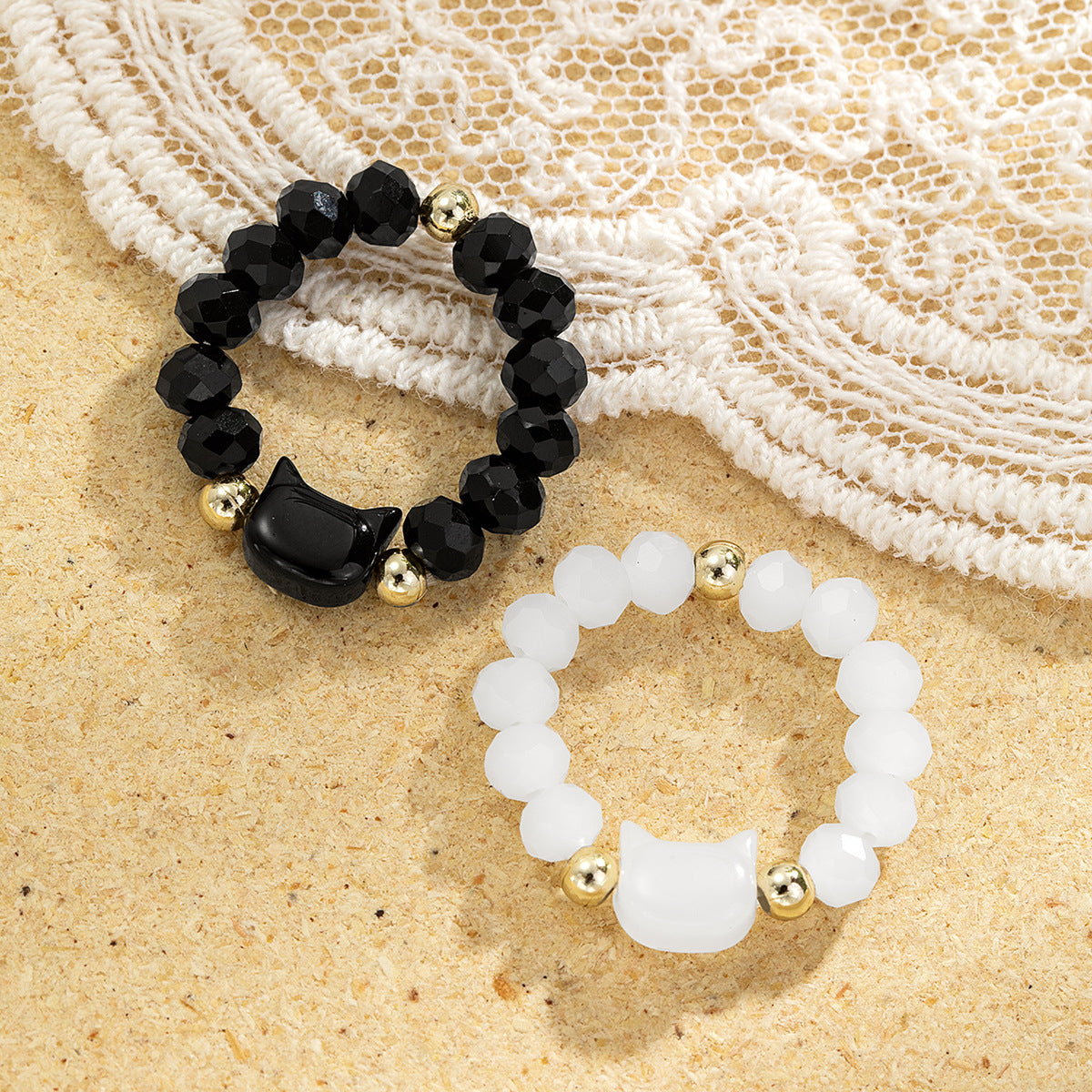 Wholesale  Cute Cat Black and White Beaded Ring