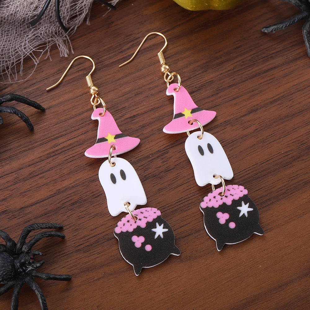 Wholesale Halloween Witch Hat Ghost Triple Pendant Acrylic Earrings ACC-ES-ChuLian069