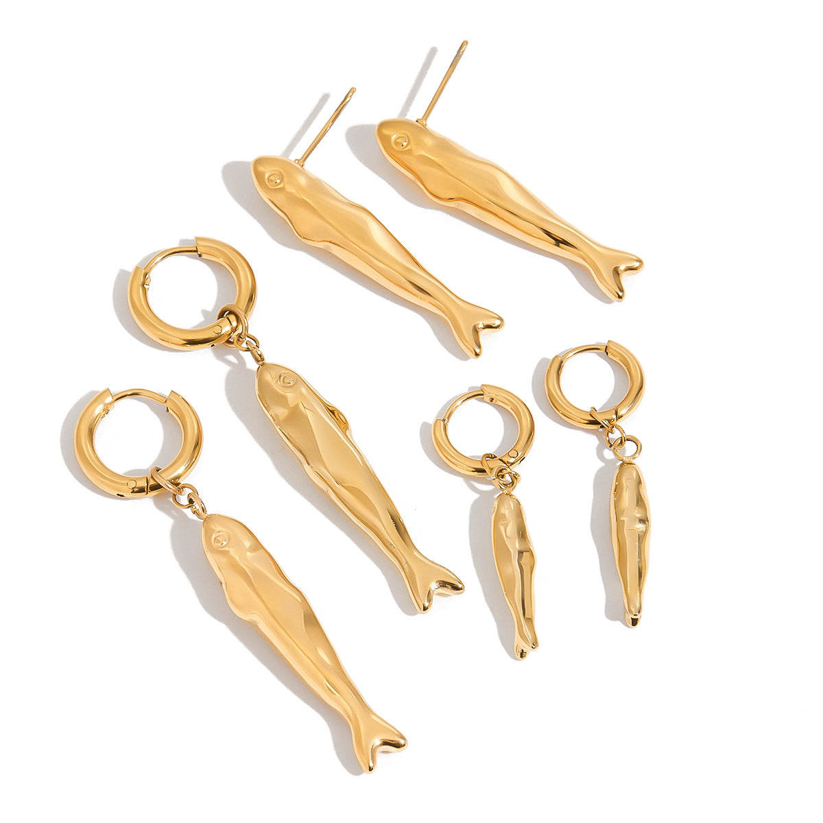 Wholesale 18k gold stainless steel hammered fish large earrings