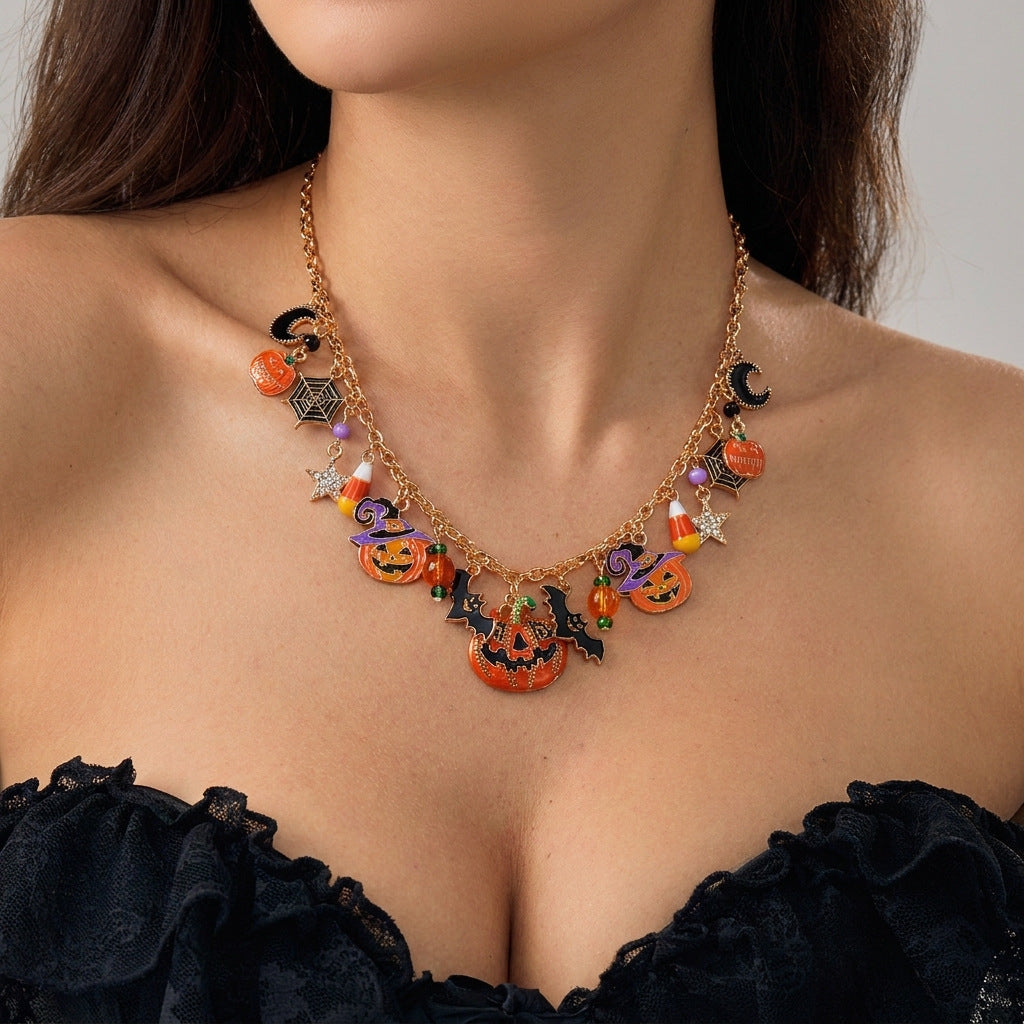 Wholesale  Pendant Necklace Pumpkin Bat Ghost Vintage Orange Black Beaded Choker Holiday Party Jewelry Gift