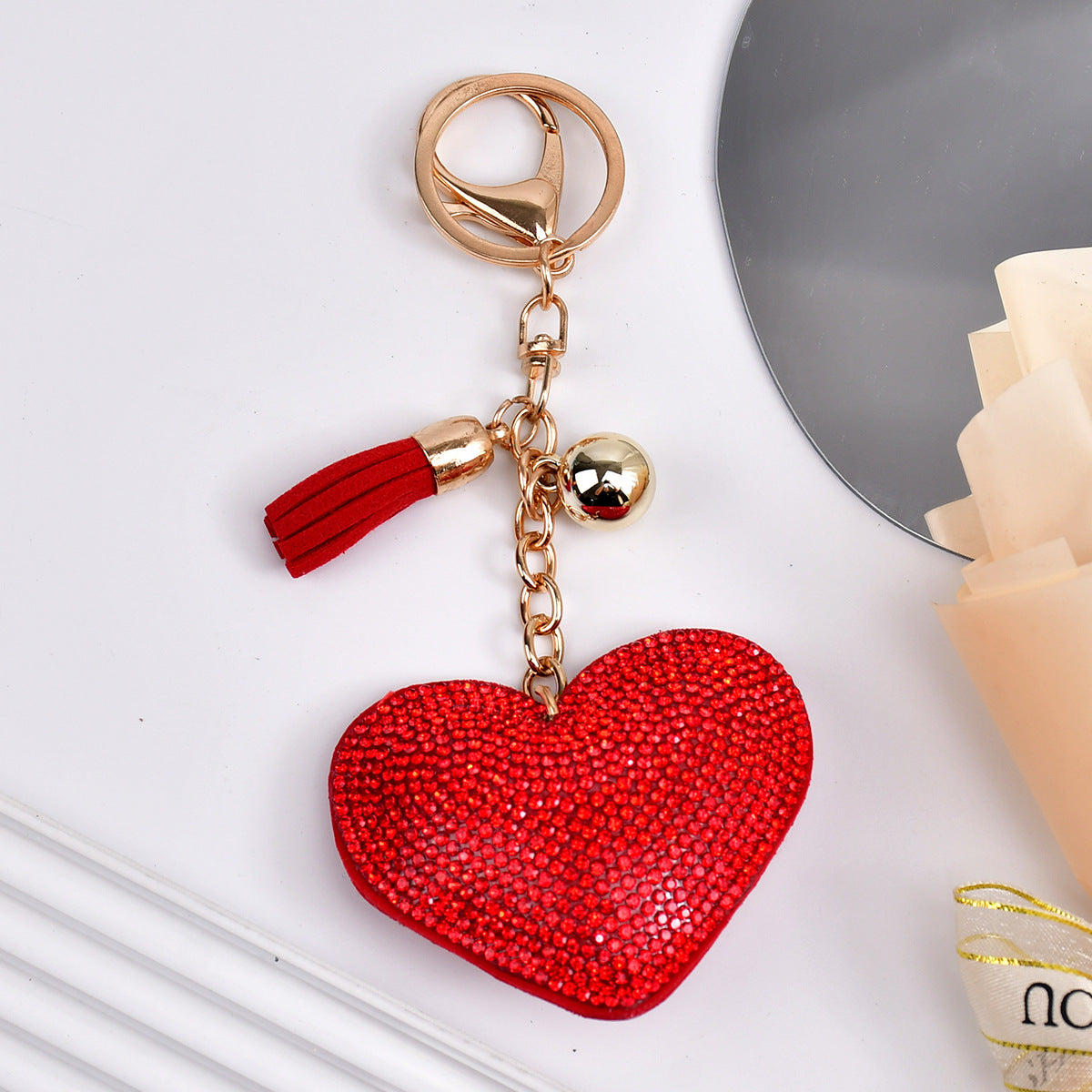 Wholesale  Peach Heart Rhinestone Leather Keychain