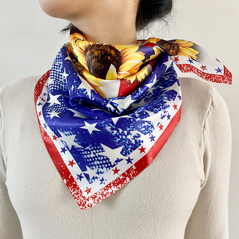Wholesale 70cm  sunflower scarf July 4th American flag printed square sunflower lady silk scarf