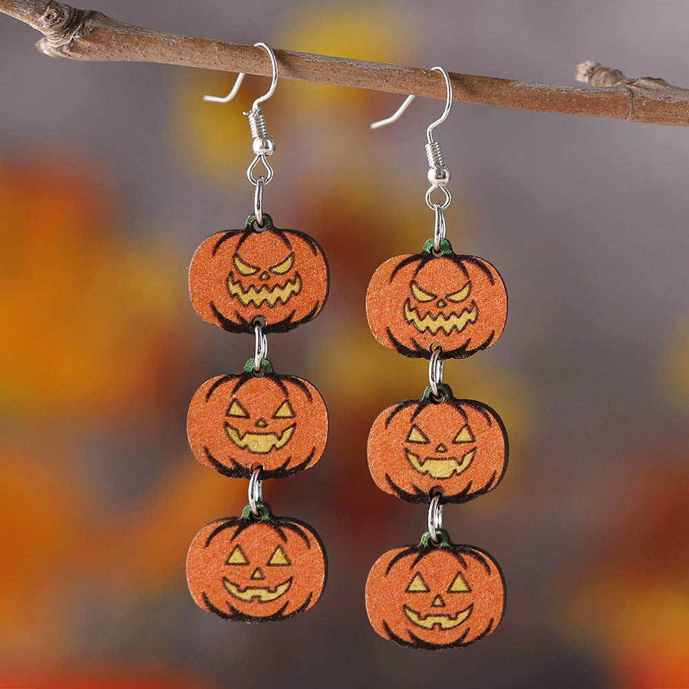 Wholesale Halloween Gothic Black Cat Ghost Face Pumpkin Splicing Triple Wood Earrings ACC-ES-ChuLian061