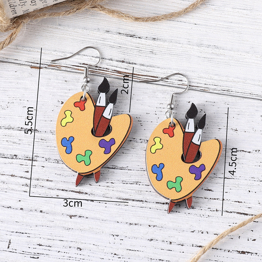 Wholesale Teacher's Day Paintbrush Colored Wooden Double-Sided Earrings