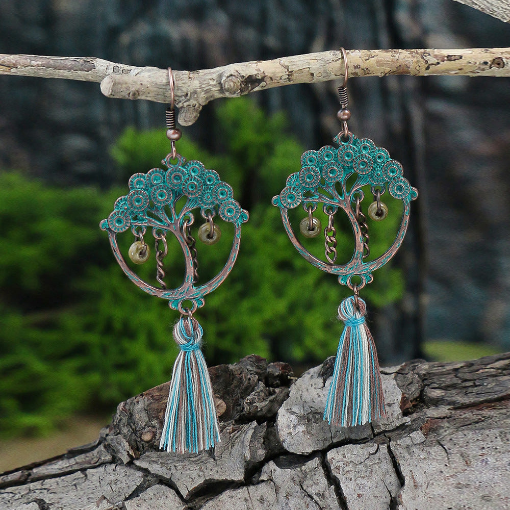 Wholesale Retro Ethnic Style Double Layer Turquoise Stud Earrings Tassel Earrings ACC-ES-MoMo008
