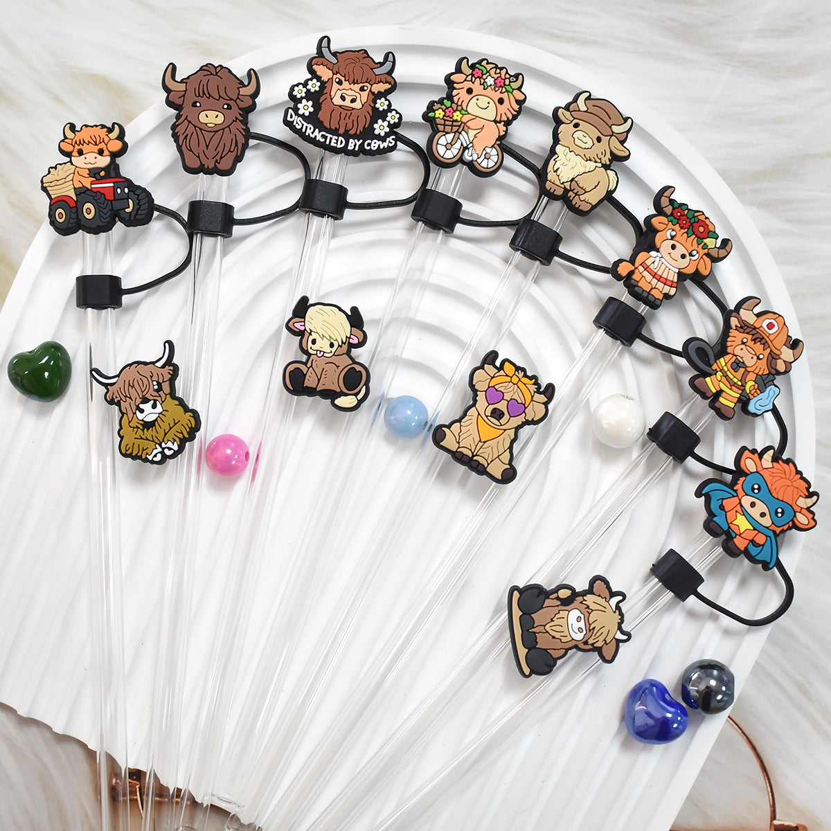 Wholesale Random 100pcs Cartoon West Highland Cattle 10mm Straw Tube Cap ACC-SCR-RYY066