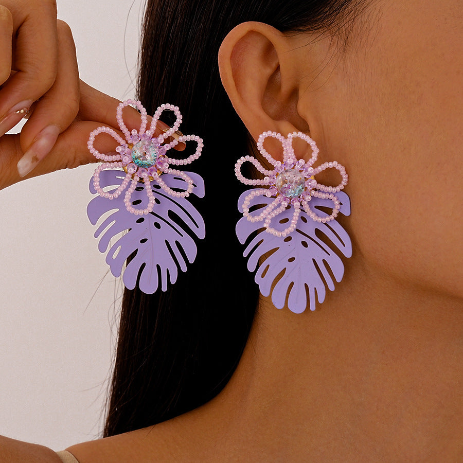 Wholesale Glass Rice Beads Flower Leaves Silver Pin Earrings