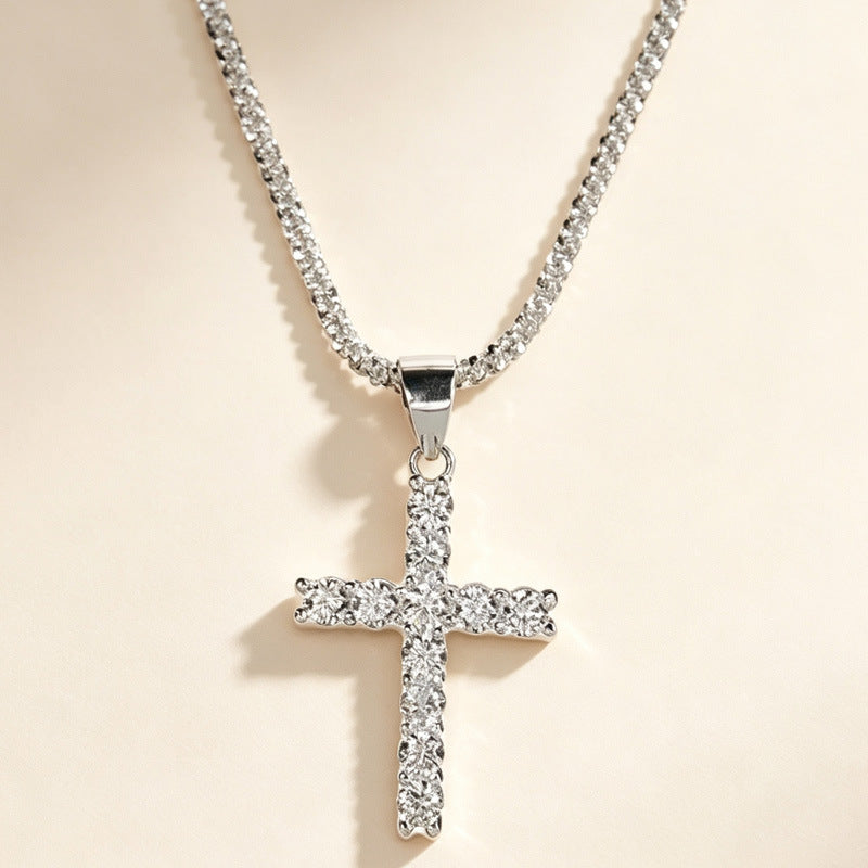 Wholesale Punk Style Cross-Border European and American Diamond-Encrusted Cross Sweater Necklace for Women,  Light Luxury Sweatshirt Chain,  Simple and Versatile Clavicle Chain