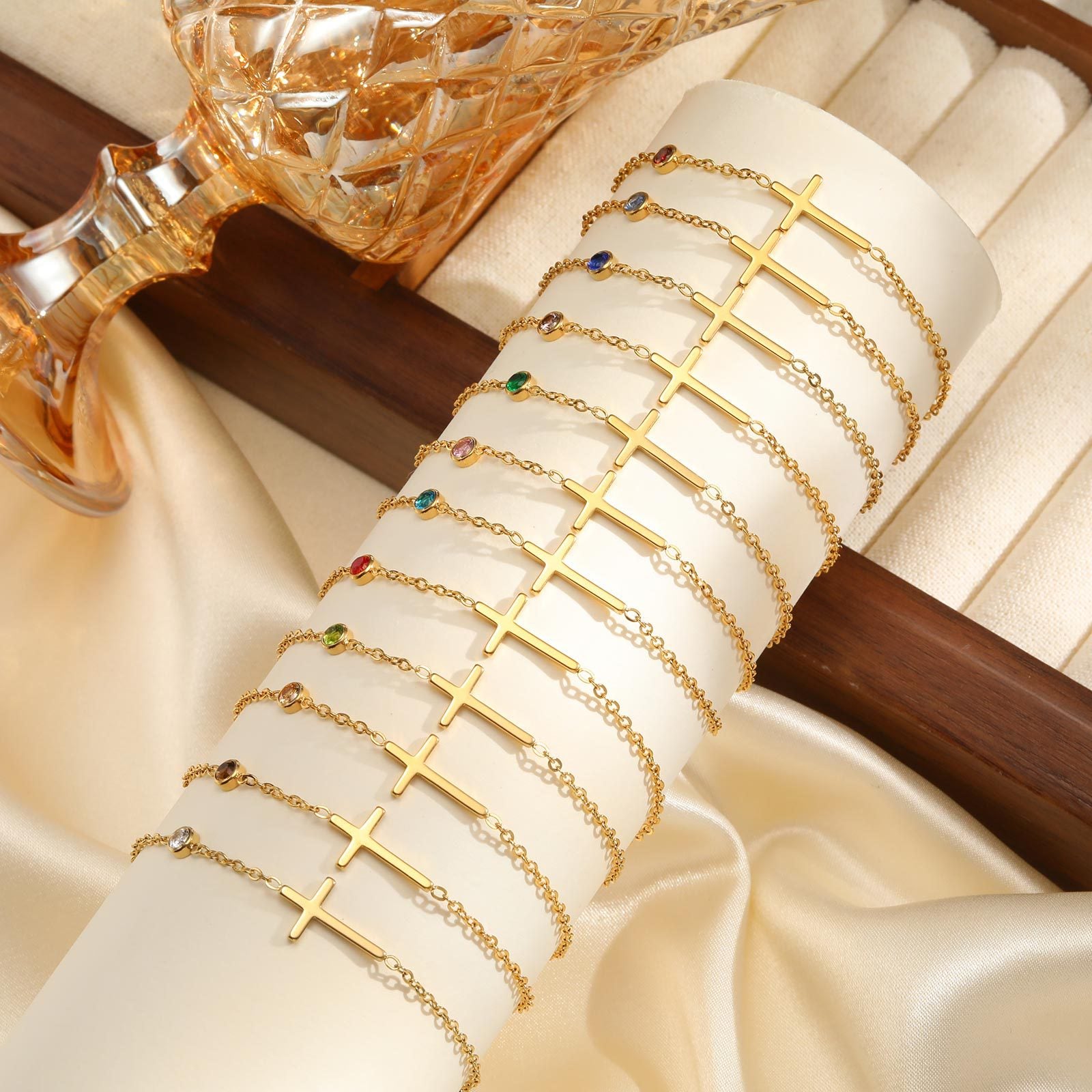 Wholesale Stainless Steel Gold Cross Birthstone Bracelet For Women Fashion Jewelry Accessory For Everyday Wear