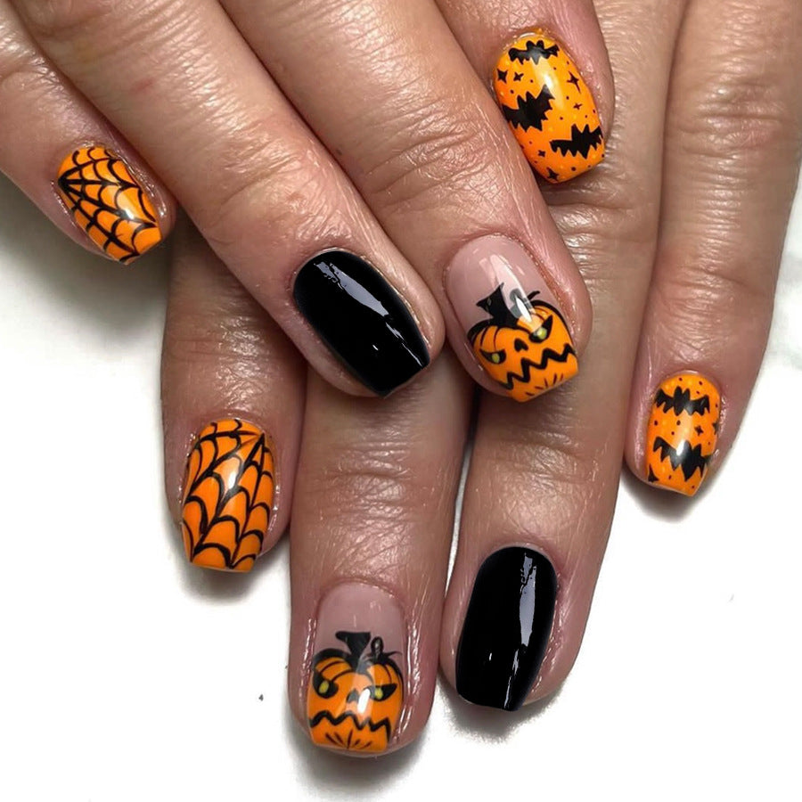 Wholesale 24 Pieces/box Halloween Devil Pumpkin Press-on Nails Kits Nail Stickers ACC-NS-GuaiXL069