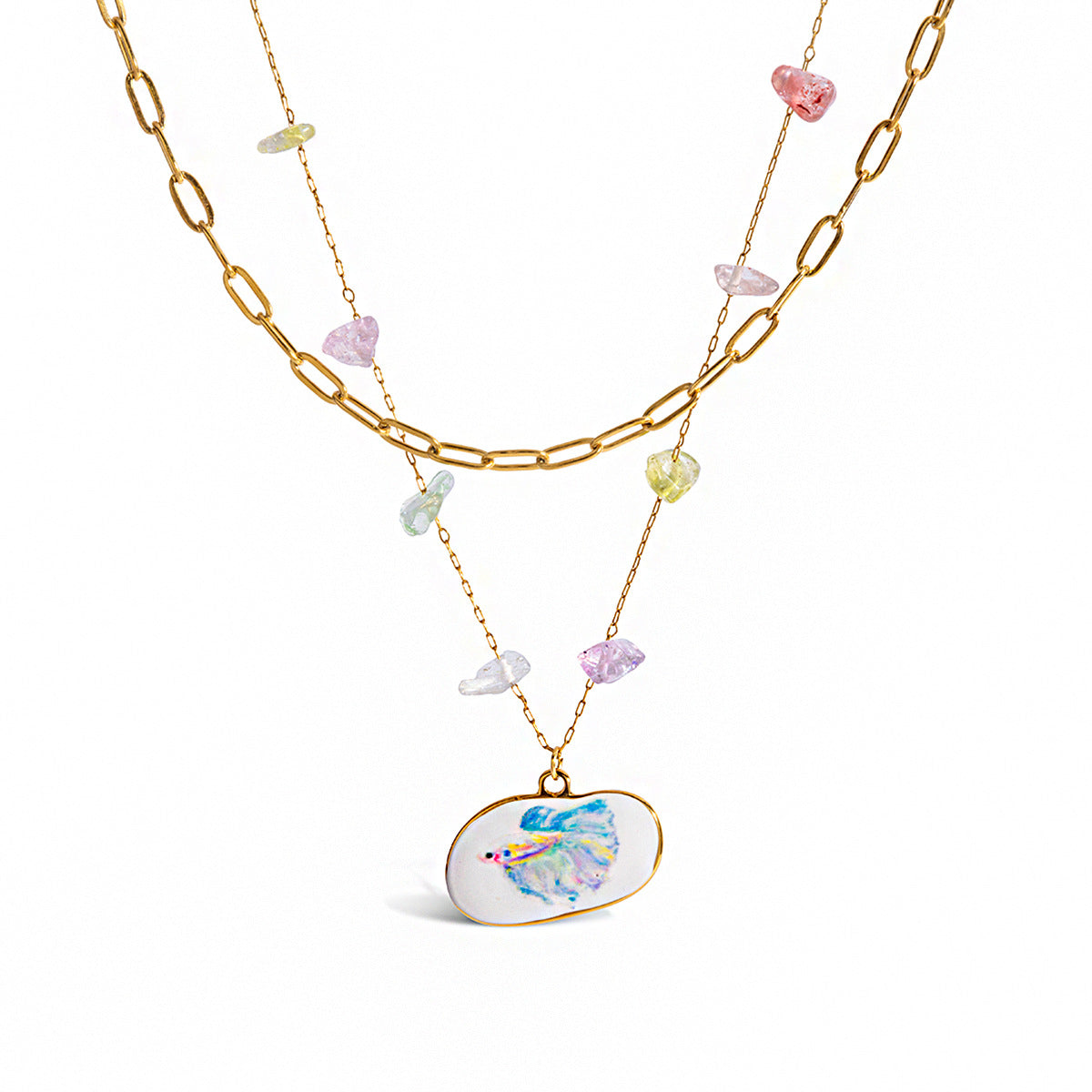 Wholesale 18K Gold Stainless Steel Oval Oil Drop Printed Colorfulful Natural Stone Double-Layer Necklace