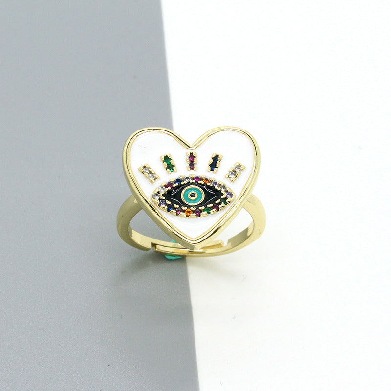 Wholesale Trendy Evil Eye Heart Rhinestone Open Ring Drip Oil Finish Party Jewelry Accessory
