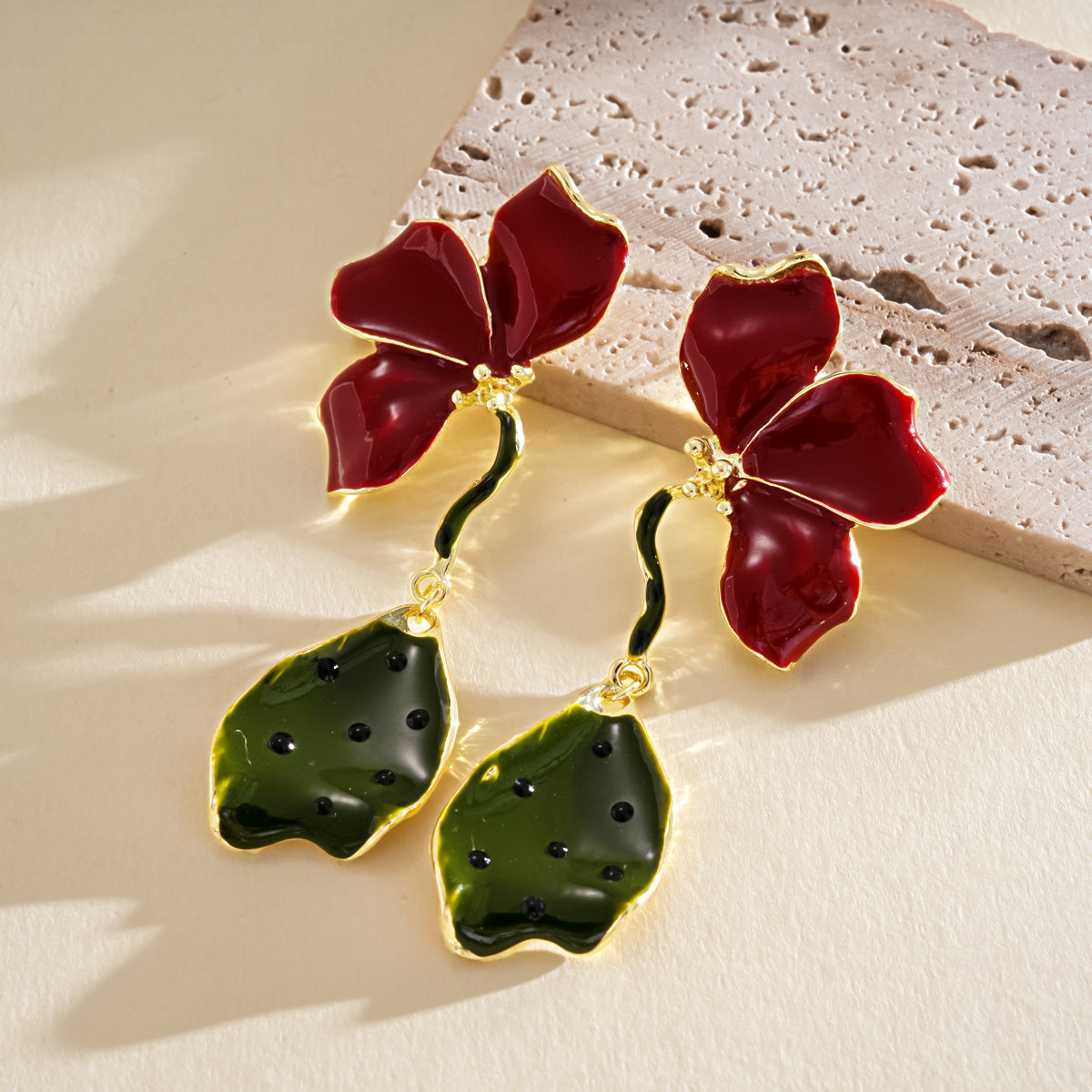 Wholesale Trendy Flower Enamel Earrings - Alloy Silver Post,  Red Green Colors,  Fashion Jewelry Accessory