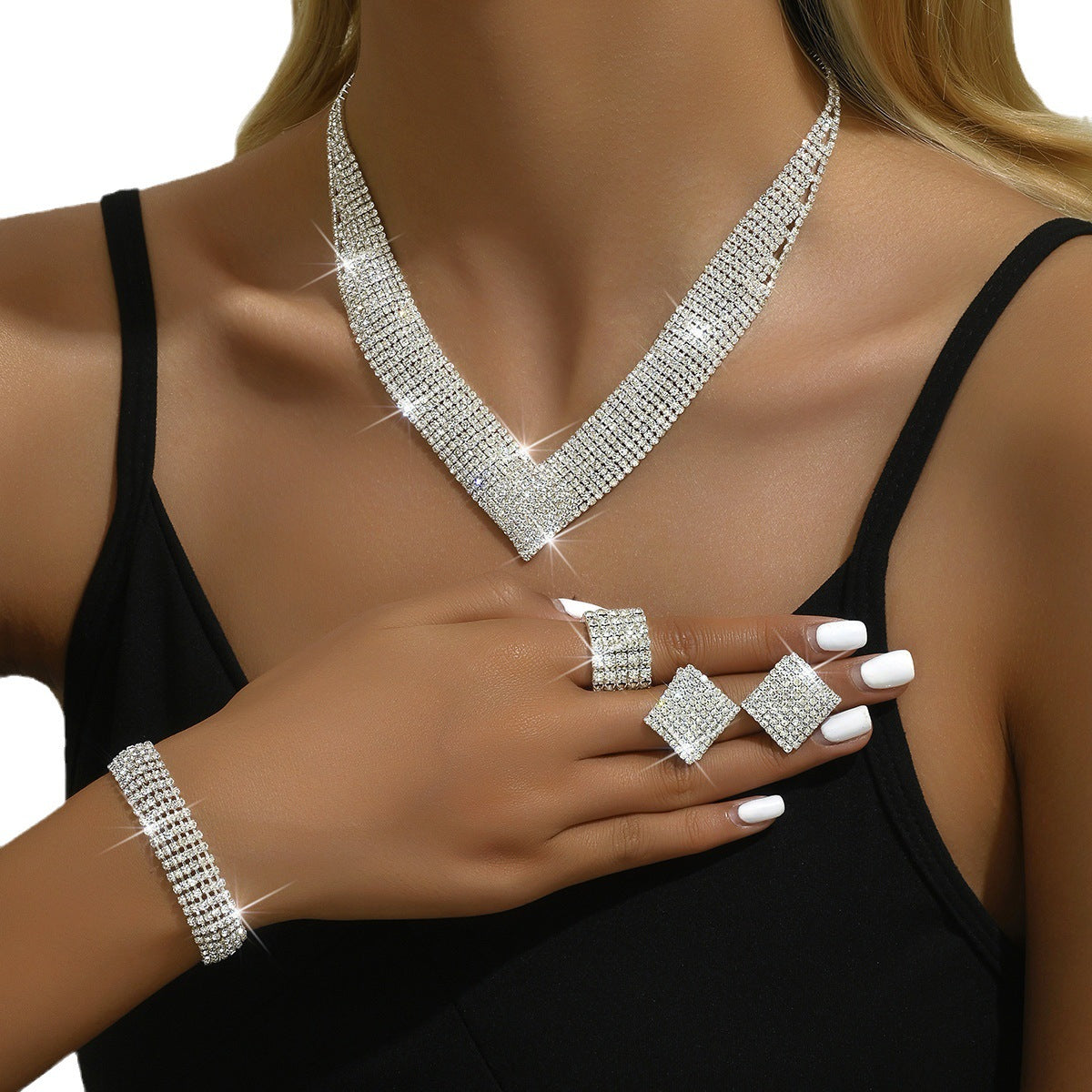Wholesale Rhinestone Silver Plated Necklace Bracelet Stretch Ring Set