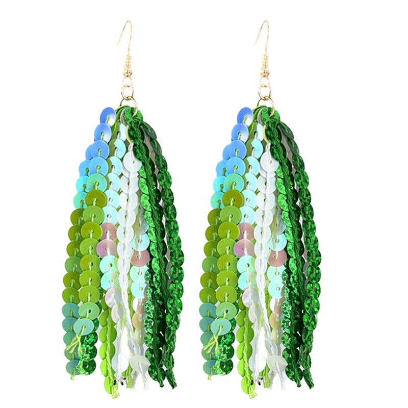 Wholesale 2 pairs/pack St. Patrick's Green Sparkling Tassel Metal Stud Earrings ACC-ES-HY225