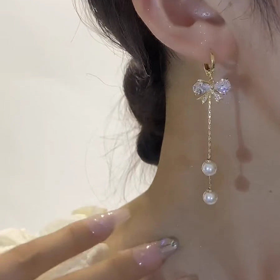 Wholesale Zircon bow tassel earrings